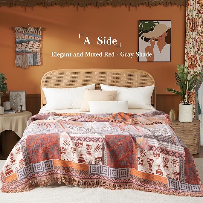 Boho Throw Blanket Full Size, Extra Large Soft Cozy Cotton Muslin Quilt Blanket for Bed Decor, Patchwork Block Couch Sofa Chair Cover, Vintage Farmhouse Cottage Woven Blanket, Red&Orange