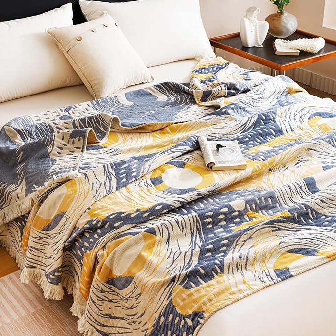 Scientific Sleep Starry Blue Sky Moon Stars 100% Cotton Muslin Blanket Throw Cover for Bed Couch Sofa Cozy Soft Reversible Bedding Blanket Quilt Bedspread Coverlet Twin 60 in x 80 in