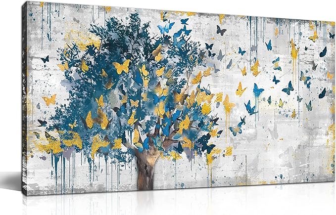 Kepgonegu Large Canvas Wall Art Blue Tree Golden Butterflies Picture Abstract Grey Graffiti Canvas Prints Ready to Hang for Living Room Bedroom Size 24x48