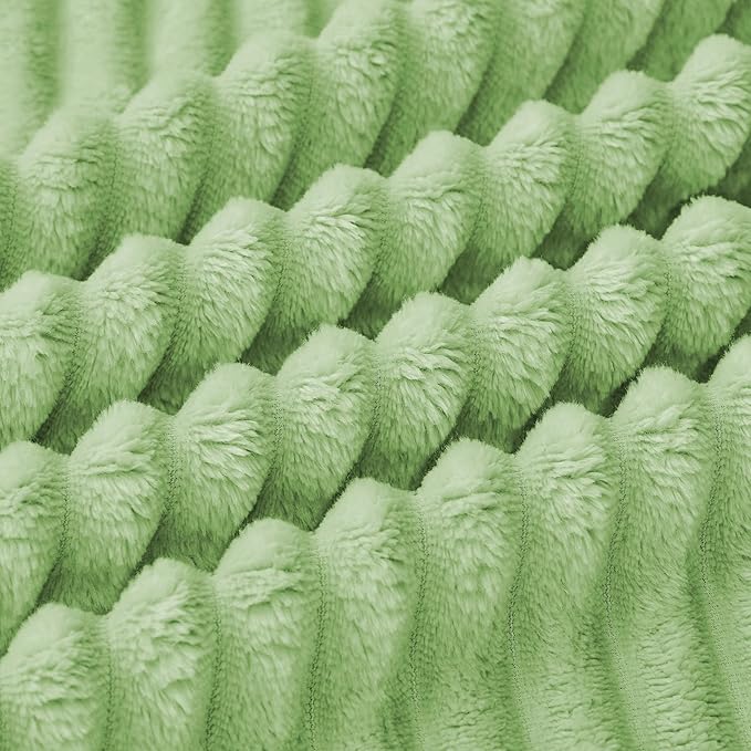 Bnuitland Light Green Flannel Throw Blanket, 300GSM Super Soft Fleece Stripe Pattern Sofa Blanket for Babys and Kids, Lightweight Cozy Bed Throw for Home Decor All Season