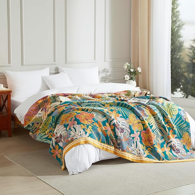 Boho Throw Blanket for Bed 60”x80”, 100% Cotton Woven Blanket for Couch Sofa, Ultra Soft 4-Layer Muslin Quilt with Floral Printed, Farmhouse Bed Blanket/Cover for Living Room Decor