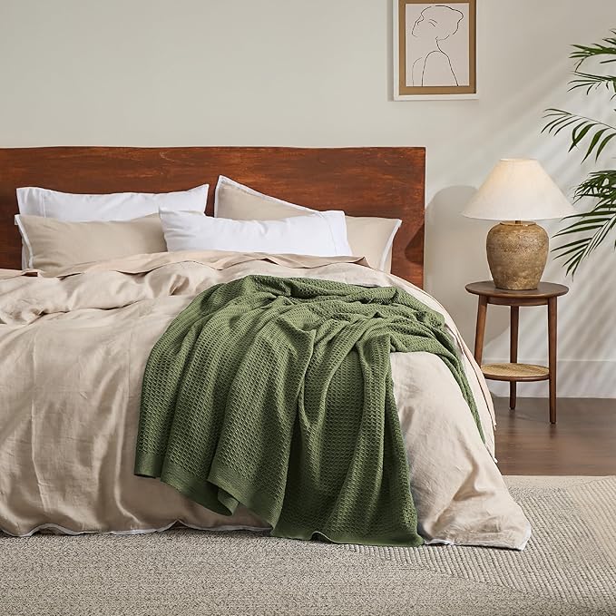 Bedsure Gentlesoft 100% Cotton Blanket Twin XL Size for College Dorm - Breathable and Soft for Spring Summer, Waffle Weave Twin Blanket for Bed, Dorm Room Essentials, Olive Green, 66x90 inches