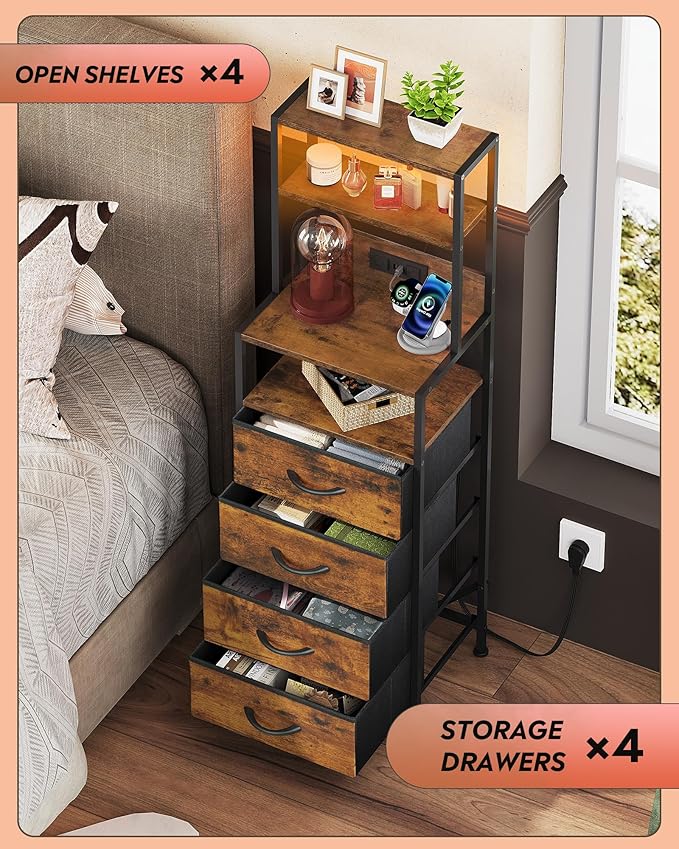 WLIVE Tall Nightstand with Charging Station, LED Night Stand with 4 Drawers and Storage Open Shelves, Fabric Dresser for Bedroom, Living Room, Office, Rustic Brown
