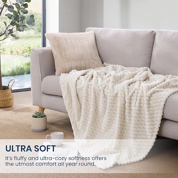 Monbix Ivory Fleece Throw Blanket for Couch- Room Decor Soft Cozy Blankets for Women, Lightweight Fleece Flannel Bed Blanket Suitable for All Seasons(50"×60",Ivory)