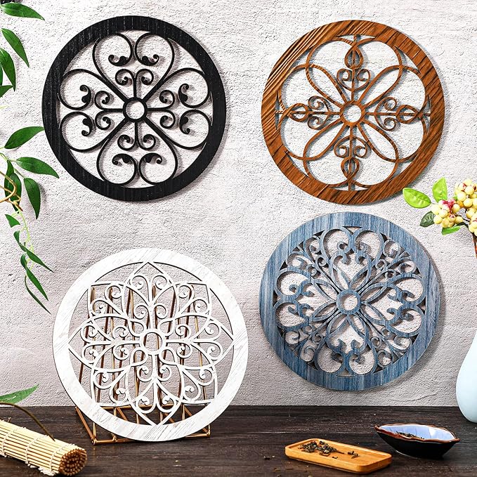 Yulejo 4 Pcs Thicken Rustic Wall Decor Farmhouse Kitchen Wall Round Art Wooden Hollow Carved Design Rustic Art for Living Room Bedroom Hallway Decor (9.8 x 9.8 Inch,Colorful)