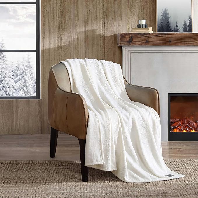 Eddie Bauer - Throw Blanket, Ultra-Soft & Embossed Plush Bedding, Blanket for Couch & Bed (Woodblock Floral White, 50" x 70")