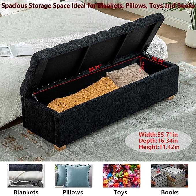 60.2" Storage Ottoman Bench for Bedroom Bed End,Chenille Bench with Seating,Button Tufted Ottomans with Storage for Living Room,Bedside,Entryway (Chenille Black, 60.2")