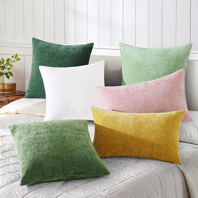 decorUhome Chenille White Throw Pillow Covers 16x16 Inch Set of 2, Decorative Soft Couch Pillow Covers Solid Dyed Accent Farmhouse Neutral Square Pillow Cases for Sofa