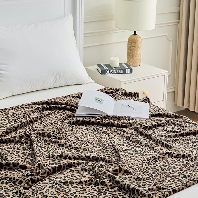 Leopard Print Blanket Fleece Throw for Bed Sofa Travel and Camping, Super Soft Cozy Fluffy Plush Cheetah Print Blanket for All Seasons 50"x60" (Mocha Brown)