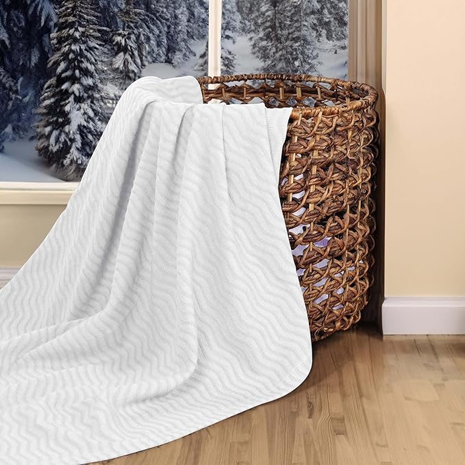Superior JENA Cotton Blanket, for Picnic, Beach, Traveling or Camping, Bedroom Decor, Essentials, Cover for Bed, Couch, Lounging, Textured Jacquard, Modern Chevron Woven Blanket, Twin, White