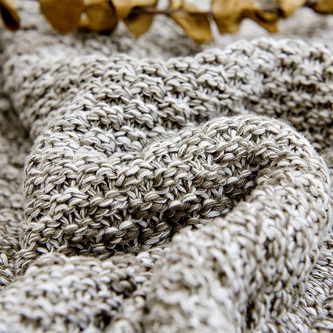 Longhui bedding Knitted Throw Blanket for Couch, Soft, Cozy Machine Washable 100% Cotton Sofa Blanket, Heavy 3.8lb Weight, Laundry Bag Included, Grey and White