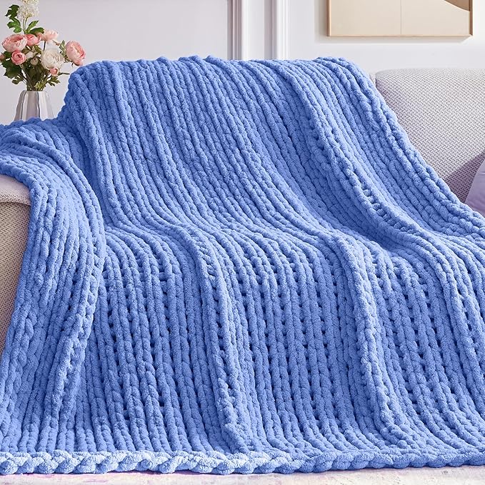 Chunky Knit Throw Blanket, 80''*90'' Knitted Throw Chenille Yarn for Bed Couch, Handmade Light Blue Crochet Big Thick Blanket, Machine Washable Cute Comfy Blanket for Home Decor