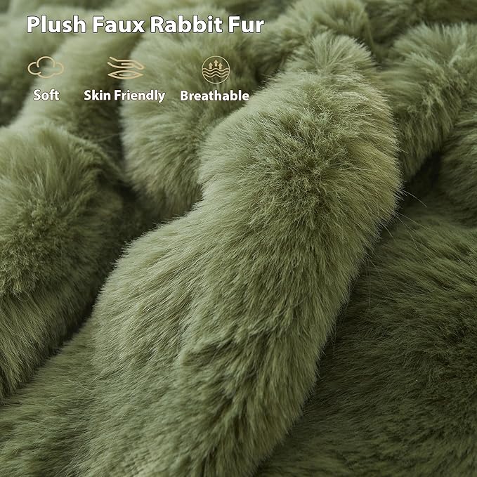 LIFEREVO Fluffy Faux Rabbit Fur Bubble Blanket, Plush Shaggy Throw for Couch Sofa, Cozy Comfy Furry Bed Blanket Adults Kids Teens Girls, Moss Fuzzy Throw for Bedroom Living Room, 60x90, Sage Green