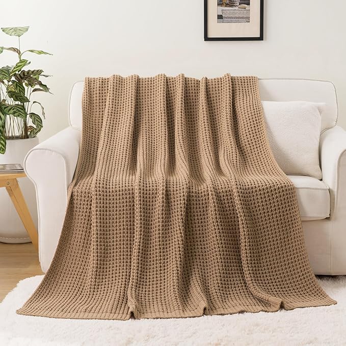 Bunnikins & Clover Beige Throw Blanket for Couch, Knitted Beige Throw for Bed, Neutral Throw Blankets Tan Blanket for Room Decor Housewarming Gifts, 60"x80"