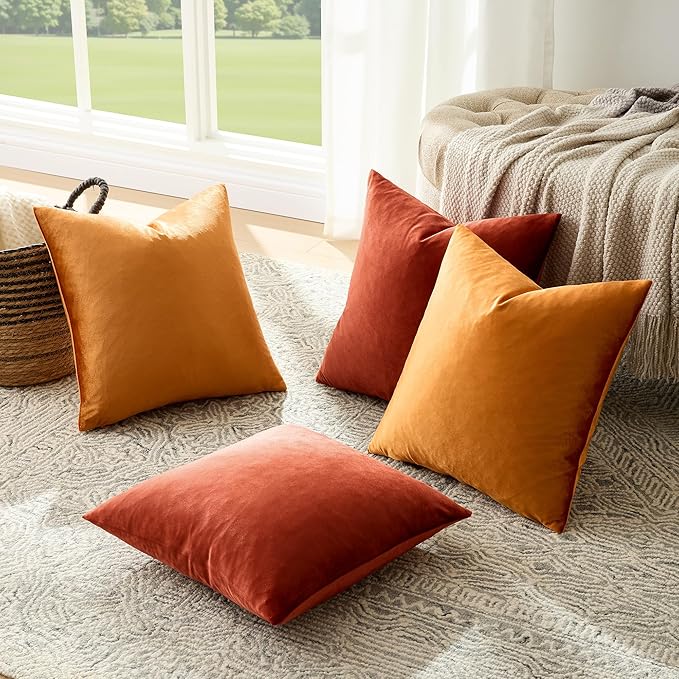 GIGIZAZA Decorative Velvet Pillow Covers - 16x16 Throw Pillows Soft Burnt Orange Covers Accent for Couch Living Room Bed Square Modern Luxury Cushion Covers Home Decor Set of 4