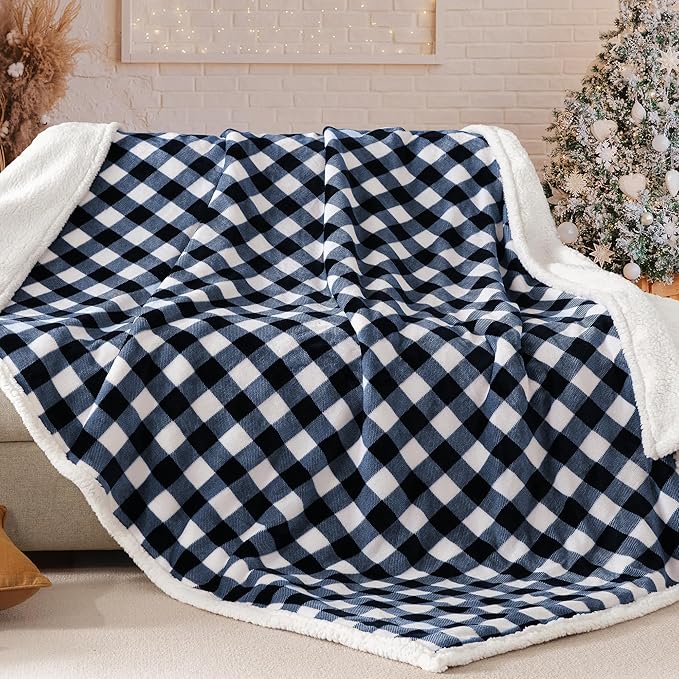 BEAUTEX Sherpa Fleece Throw Blanket, Super Soft Warm Buffalo Plaid Plush Blankets and Throws, Lightweight Cozy Fuzzy Blanket for Couch Sofa Bed (NavyBlue, 50" x 60")