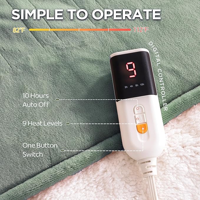 Heated Blanket Twin Size - Single Controllers Electric Blanket Twin with 9 Heat Settings & 10 Hour Auto Off,Overheat Protection,Machine Washable 62"x84" (Lake Green)