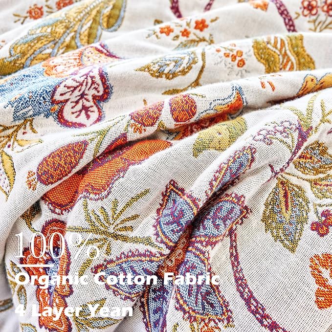 Boho Throw Blanket, 100% Organic Cotton Breathable Skin-Friendly Ultra Soft Bed Quilt Throw - All Season Floral Farmhouse Décor Luxury Blanket for Sofa Couch Chair and Gift. 91" x 98"