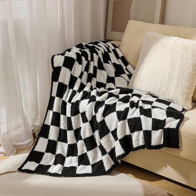 Checkered Throw Blanket Super Soft Luxurious Warm Blanket for Couch Reversible for Bed Sofa 50x60 Inches Black and White