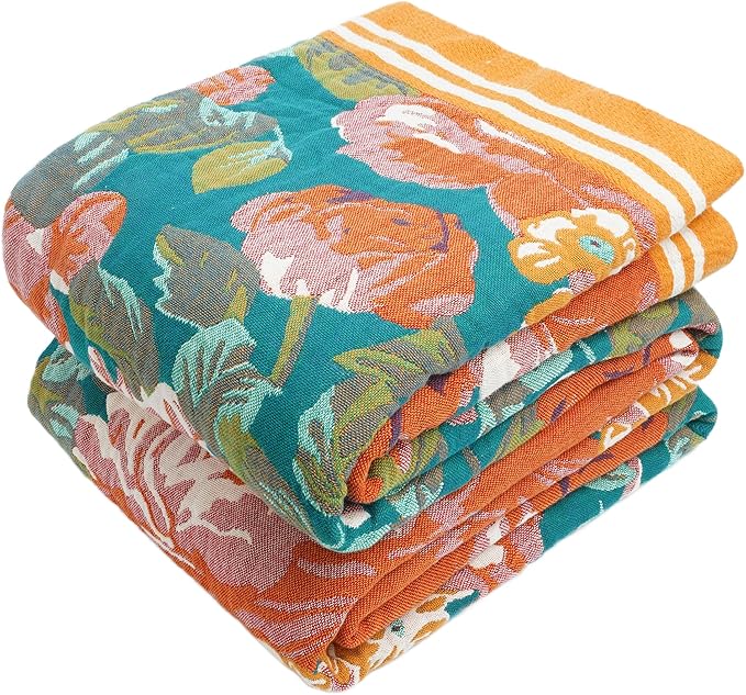 Boho Throw Blanket, 100% Organic Cotton Breathable Ultra Soft 60" x 80" Bed Quilt Throw - All Season Floral Rustic Farmhouse Decor Luxury Reversible Blanket for Sofa Couch Chair and Gift