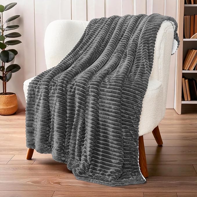 PAVILIA Grey Sherpa Fleece Throw Blanket for Couch, Soft Plush Fuzzy Blankets, Fluffy Flannel Sherpa Blanket for Sofa, Warm 3D Ribbed Winter Blanket Gift, 50x60 inches