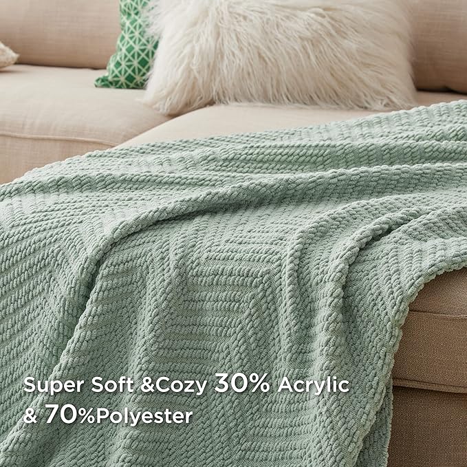 Bedsure Sage Green Throw Blanket for Couch ?Versatile Knit Woven Chenille Blanket for Chair, Super Soft, Warm & Decorative Blanket with Tassels for Bed, Sofa and Living Room (Sage Green, Throw)