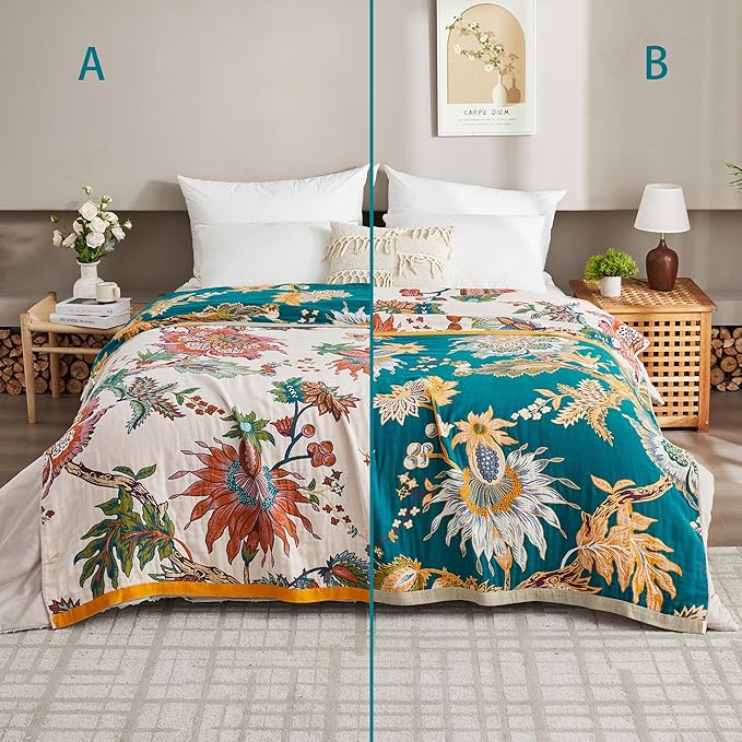 Boho Throw Blanket,80"x90" Queen Size Southwestern Muslin Blankets for Adults,Mum,4-Layer Ultra Soft Boho Quilt Breathable Mexican Blankets for Travel,Picnic,Bedroom,Living Room