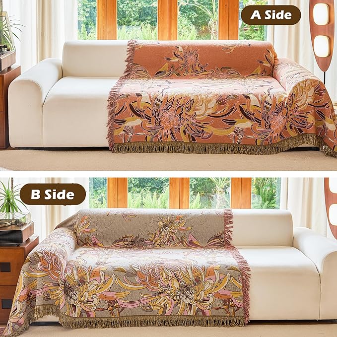 Boho Throw Blanket 80" x 90", 100% Organic Cotton Breathable Skin-Friendly Ultra Soft Bed Quilt Throw - Floral Rustic Decor Luxury Reversible Blanket for Sofa Couch Chair and Gift,