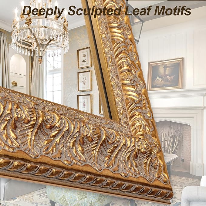 Chende 61"x31" Large Living Room Mirror for Decor, Gold Wall Mirror with Carved Wood Leaf Frame, Horizontal/Vertical Hanging, Unique Design, Bathroom, Bedroom, Dining Room, Entrance