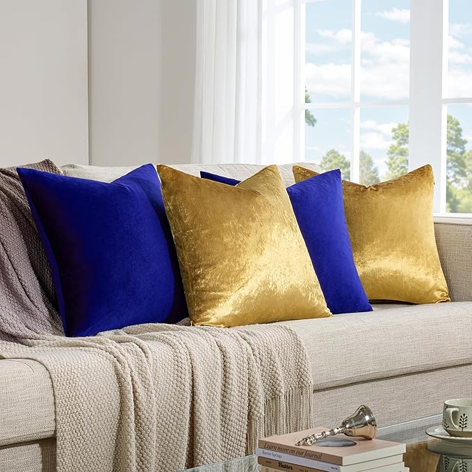 GIGIZAZA Decorative Velvet Pillow Covers - 16x16 Throw Pillows Soft Blue Gold Covers Accent for Couch Living Room Bed Square Modern Luxury Cushion Covers Home Decor Set of 4