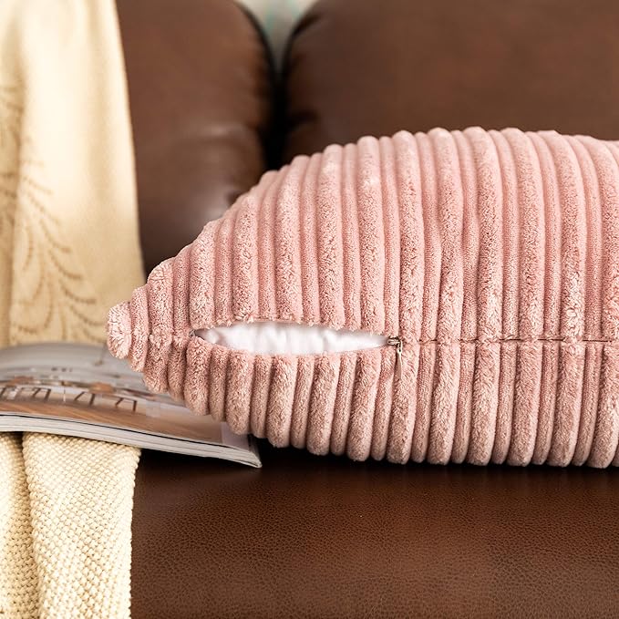UGASA Corduroy Striped Soft Soild Decorative Square Throw Pillow Covers Set Cushion Cases Pillowcases for Sofa Bedroom, 1 Pc, 26x26 Inch, Baby Pink