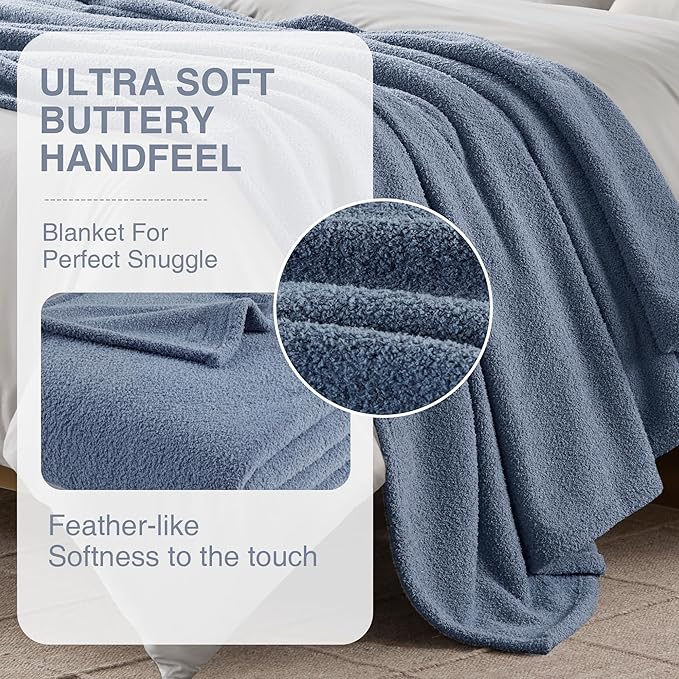 Madison Park Fuzzy Knit Blanket Dream Soft Blanket Cozy Breathable Cover Luxrurious Feathersoft Feel, All Seasons Lightweight Bedding for Summer Cover for Bed, Couch & Sofa, Full/Queen, Navy Blue