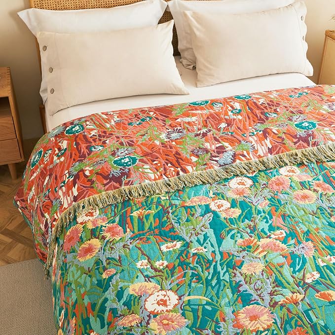 Boho Throw Blanket - 90"x108" 100% Cotton Ultra Soft Lightweight Spring Blanket, 4-Layer Breathable Muslin Blankets for Bed Couch, Reversible Green Floral Printed Bohemian Cotton Quilt