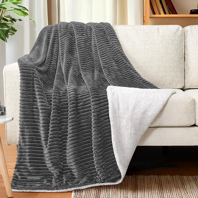 PAVILIA Grey Sherpa Fleece Throw Blanket for Couch, Soft Plush Fuzzy Blankets, Fluffy Flannel Sherpa Blanket for Sofa, Warm 3D Ribbed Winter Blanket Gift, 50x60 inches
