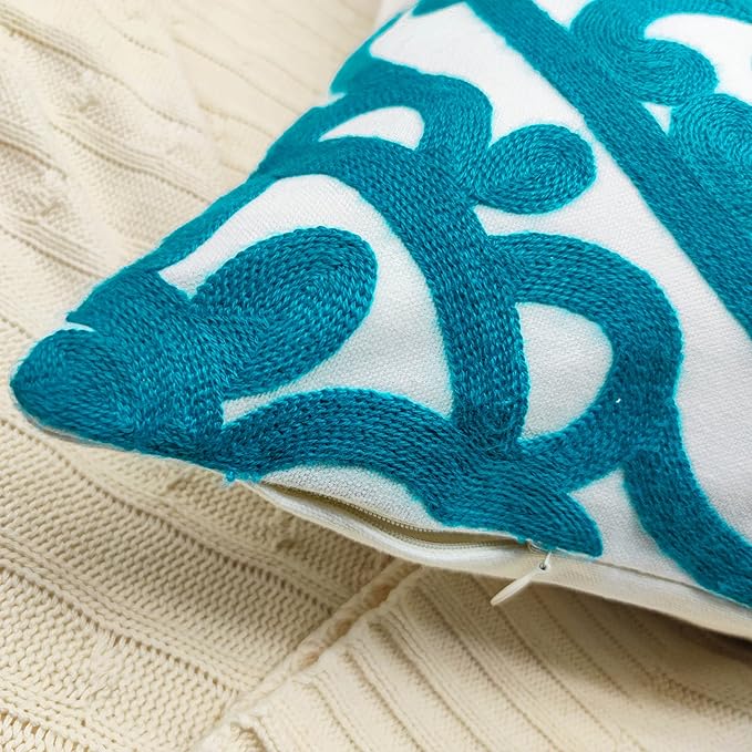 Alysheer Embroidered Decorative Throw Pillow Covers 18"x18" Set of 2 Pieces, Boho Classic Mandala Knit Pattern, Durable 100% Cotton Canvas Cushion Cases for Sofa Couch Living Room Gifts (Teal Blue)