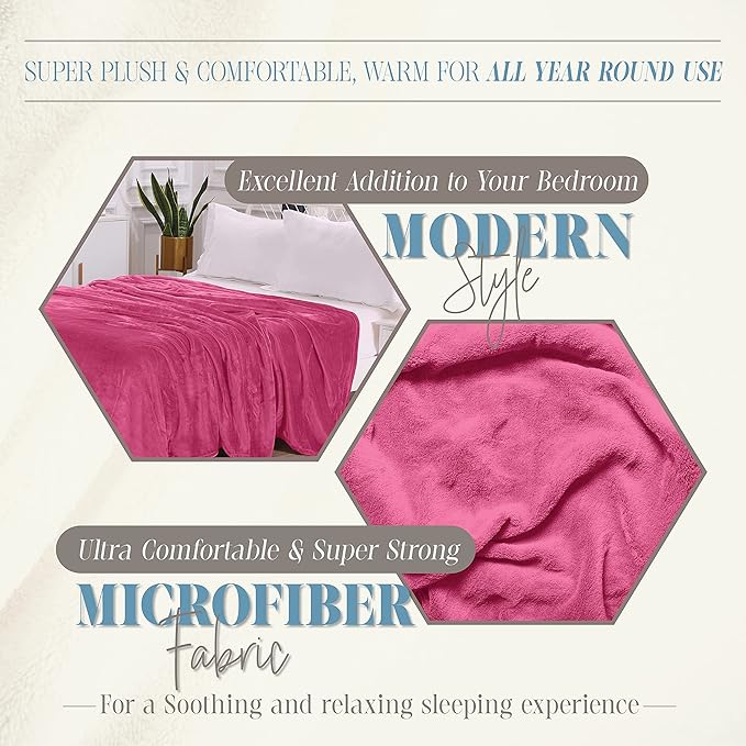 Elegant Comfort Luxury Velvety Feel Blanket, All-Season Lightweight Blanket, Ultra Plush, Soft, Cozy-Fuzzy Flannel Fleece for Couch, Sofa, Bed, Travel, Solid Design, Full/Queen, Hot Pink