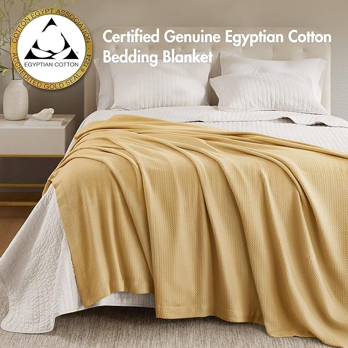 Madison Park 100% Egyptian Cotton Lightweight Summer Blanket, Breathable Waffle Knit Design, Soft Cozy All-Season Throw for Bed, Couch or Sofa, Mustard King Size (108"x90")