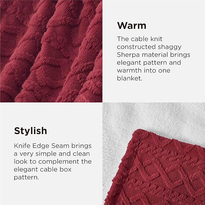 Bedsure Gentlesoft Sherpa Fleece Throw Blanket for Couch - Fluffy & Cozy Cable Jacquard Tufted Throw for Women Gift, Thick and Warm Christmas Blanket for Winter, Red, 50x60 Inches