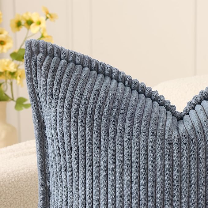 Mecatny Corduroy Throw Pillow Covers 18x18 Set of 2, Neutral Decorative Soft Boho Couch Pillow Covers with Broadside for Sofa Living Room, Blue Grey