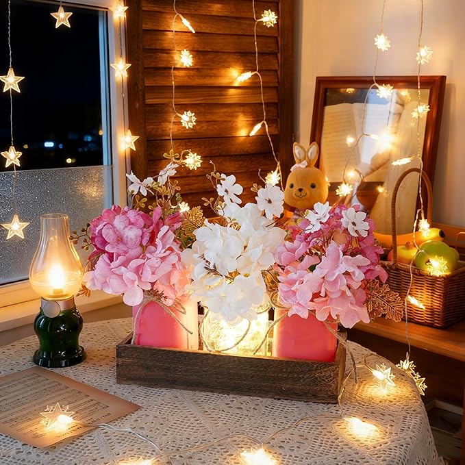 Donmills Mason Jar Lights Centerpiece Table Decor for Dining Room – Farmhouse Wood Tray with 3 Jars, Pink and White Flowers, Valentines Day & Wedding Decoration for Coffee Table, Kitchen, Living Room
