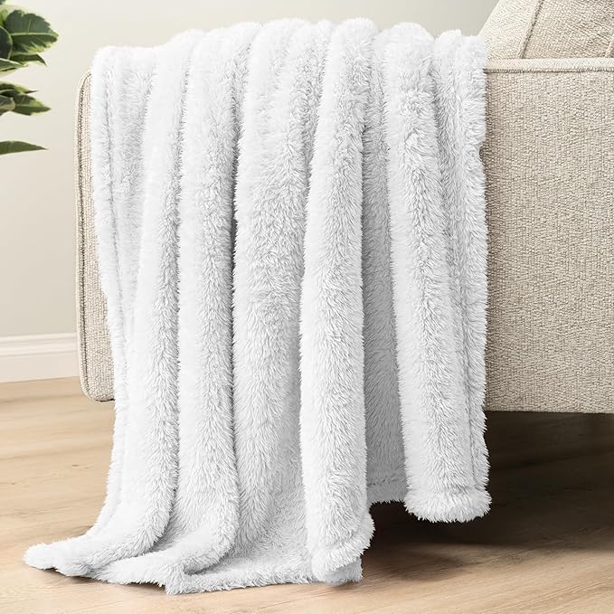 PAVILIA Sherpa Throw Blanket for Couch Sofa, White Fluffy Warm Plush Blanket for Twin Bed, Cozy Super Soft Lightweight Throw, Fuzzy Decorative Blanket, All Season Home, 60x80