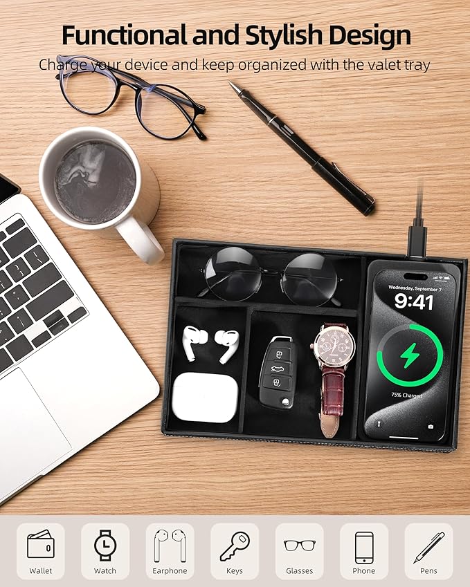 Valet Tray with Wireless Charger, Nightstand Organizer for Men, EDC Catchall Tray for Keys, Watch, Wallet, Jewellery, Premium Vegan Leather, Bedside Caddy, Stylish and Organized, PU Black