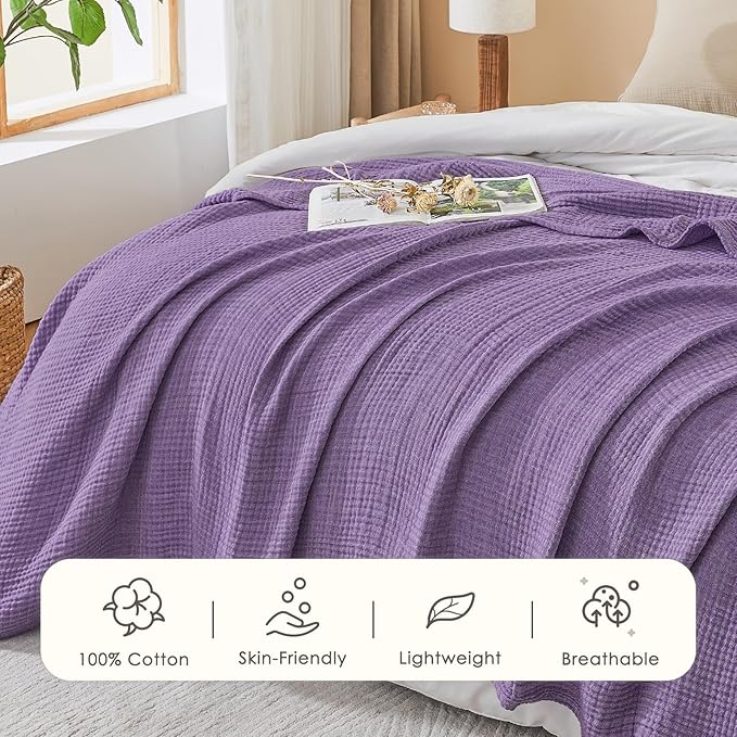 EMME Cotton Muslin King Blanket Bed Layering Bedspread Coverlet Breathable Gauze Soft Lightweight (Heather Purple, 108"x90")