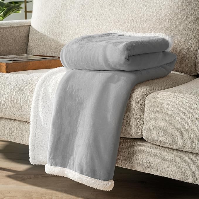 Pavilia Sherpa Fleece Blanket for Bed, Queen Size, Light Grey, Plush Soft Fuzzy, Cozy Reversible Winter Blanket for Women & Men, 90x90 Inches