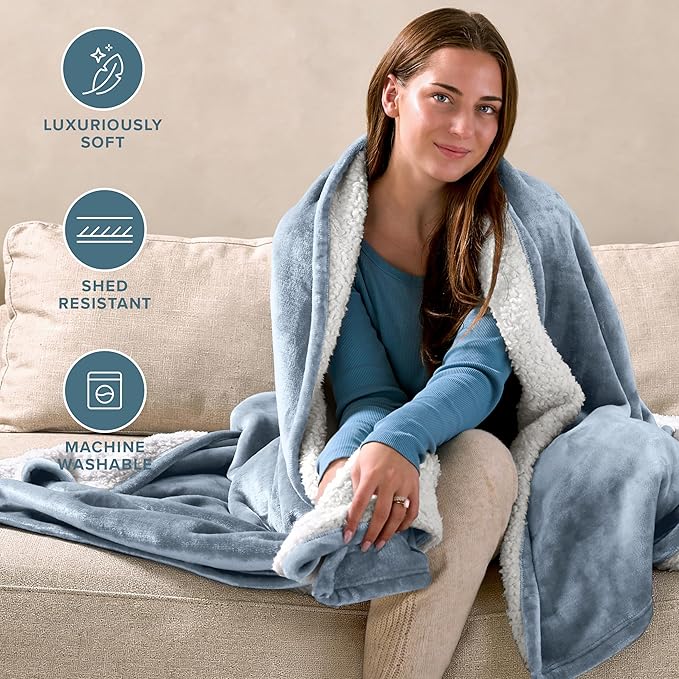 Bare Home Sherpa Fleece Blanket - Twin/Twin Extra Long - Blanket for Bed, Sofa, and Couch - Warm & Lightweight - Fluffy & Soft - Reversible (Twin/Twin XL, Dusty Blue)