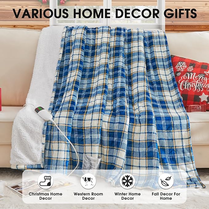 OCTROT Heated Blanket Electric Throw 50X60 Heating Throw with 10 Levels 8 Hours Auto Off, Blue Plaid Sherpa Blanket Winter Warmer, for Mom Women, Home Decor for Couch Bed Office