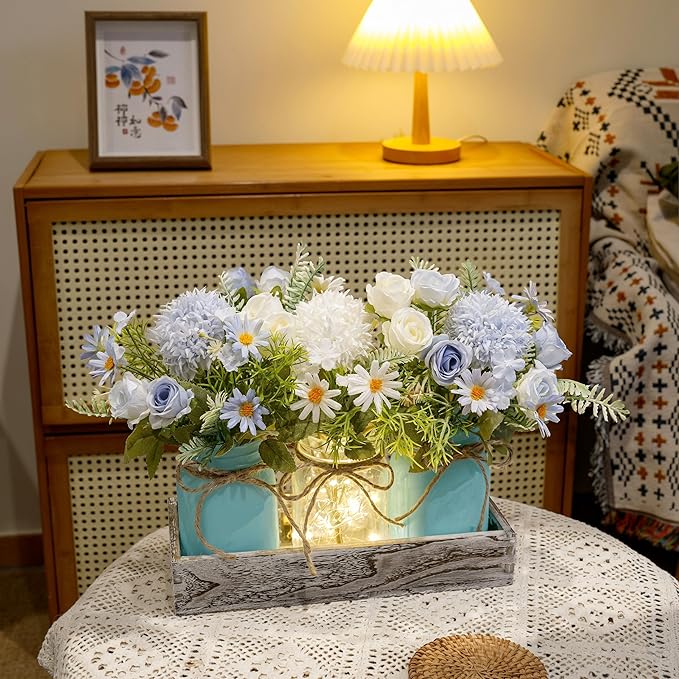 Mason Jar Lights Centerpiece Table Decor for Dining Room Farmhouse Wood Tray with 3 Jars Blue Flowers Valentines Day Decoration for Coffee Table Kitchen Living Room Wedding Spring Decoration