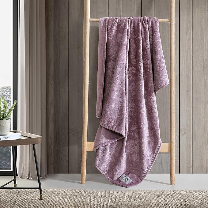 Eddie Bauer - Throw Blanket, Ultra-Soft & Embossed Plush Bedding, Blanket for Couch & Bed (Woodblock Floral Purple, 50" x 70")