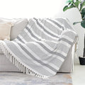 Decorative Black White Striped Throw with Fringe, Soft Chenille Knitted Farmhouse Lightweight Blanket with Tassels for Couch Sofa Chair Bed Office Home Décor, Black and Ivory, 50" x 60"