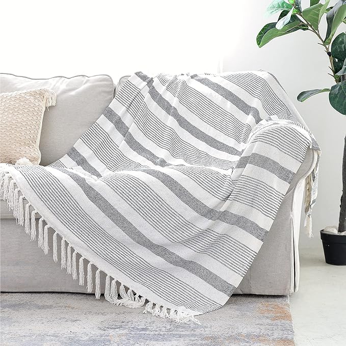 Decorative Black White Striped Throw with Fringe, Soft Chenille Knitted Farmhouse Lightweight Blanket with Tassels for Couch Sofa Chair Bed Office Home Décor, Black and Ivory, 50" x 60"